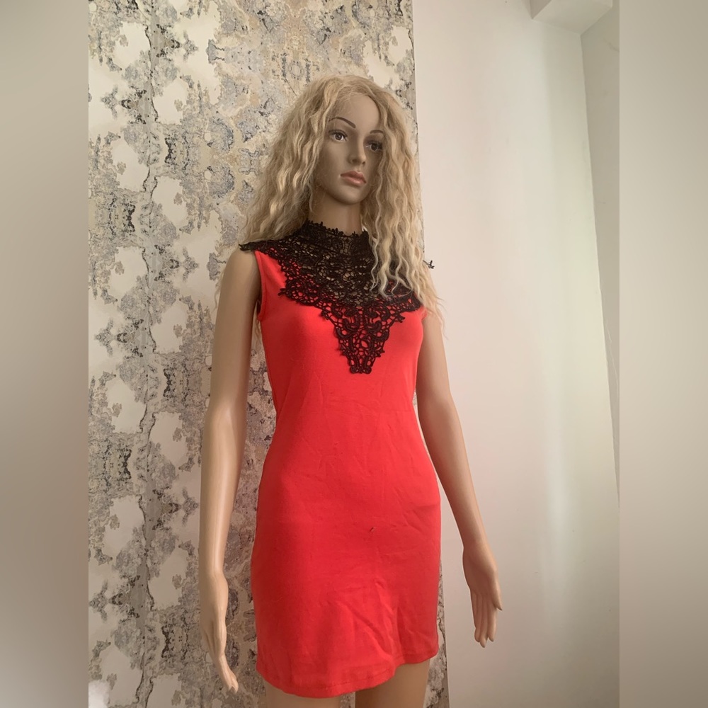 RUBY RED high neck with lace and bow tie detail on back !
